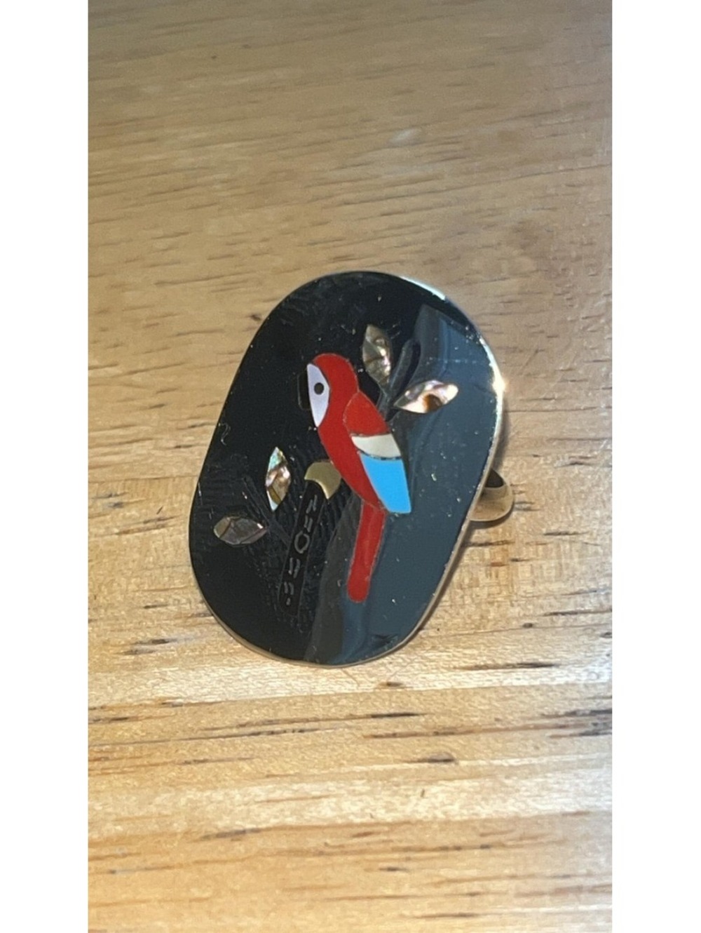 Zuni coral parrot multi stone sterling silver inlay ring size 7 -Edaakie